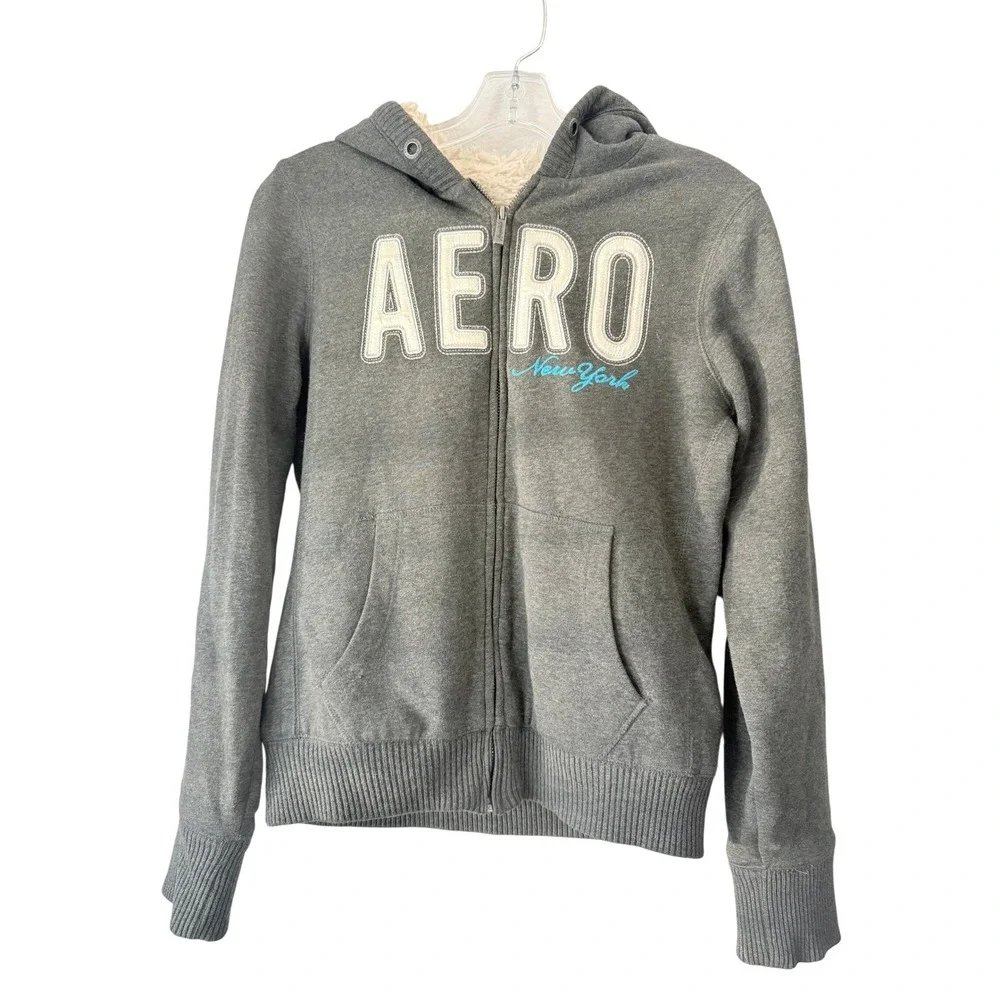 Y2K Aeropostale Aero New York Sherpa Lined Zip Up Hoodie Gray Medium